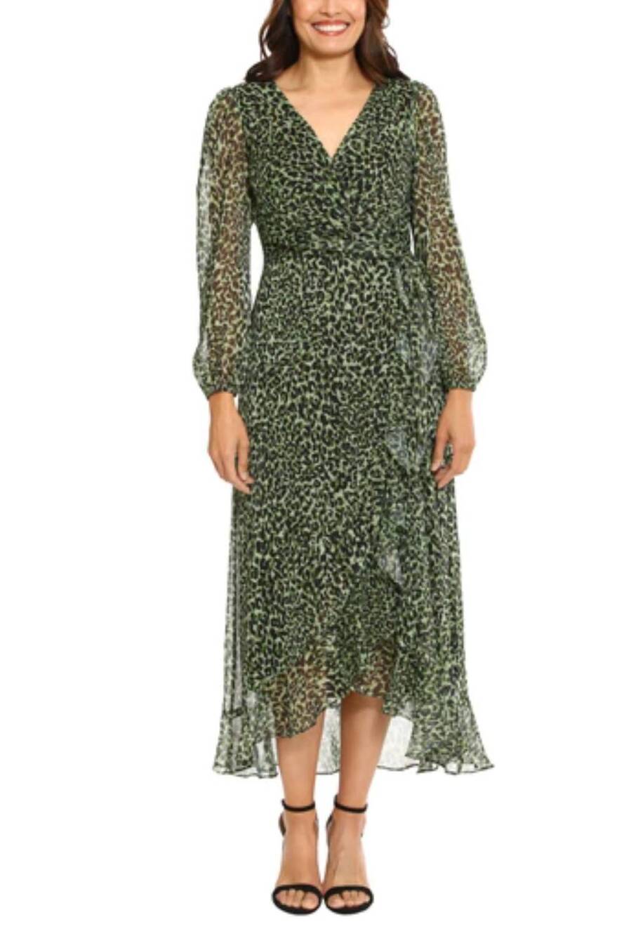 NEW LONDON TIMES animal print faux-wrap midi dress in sage green
